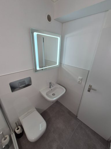 Moderne Toilette mit Waschbecken, Spiegel und Tür in einem hellen Raum.