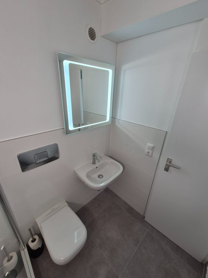 Badrenovierung Moderne Toilette mit Waschbecken, Spiegel und Tür in einem hellen Raum.