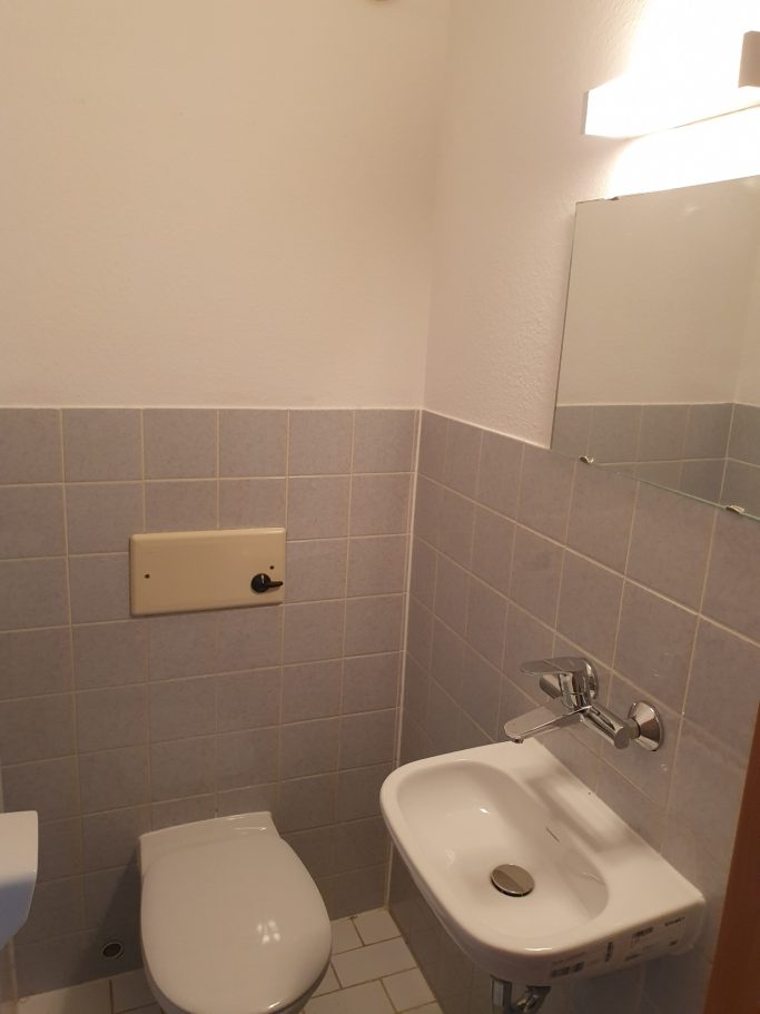 Kleines Badezimmer mit Toilette, Waschbecken und Spiegel an der Wand.
